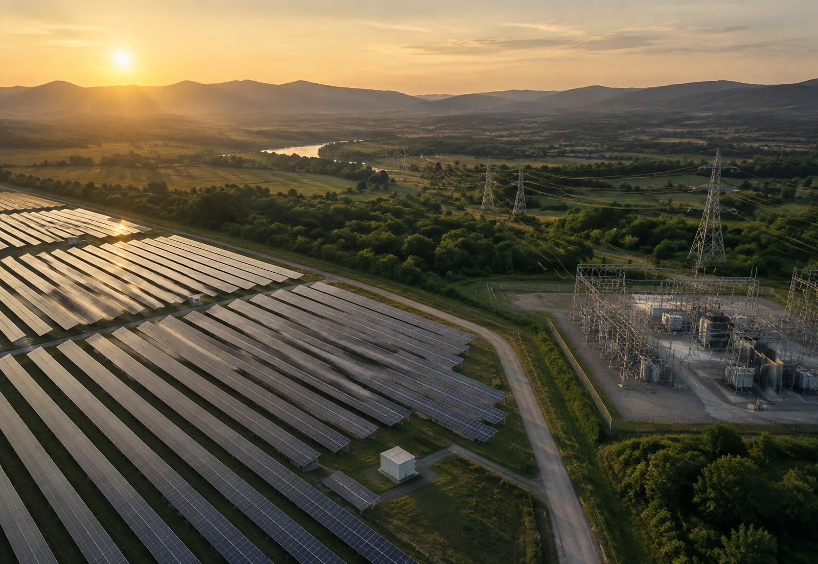 Solar farm and grid infrastructure in a green valley at sunrise