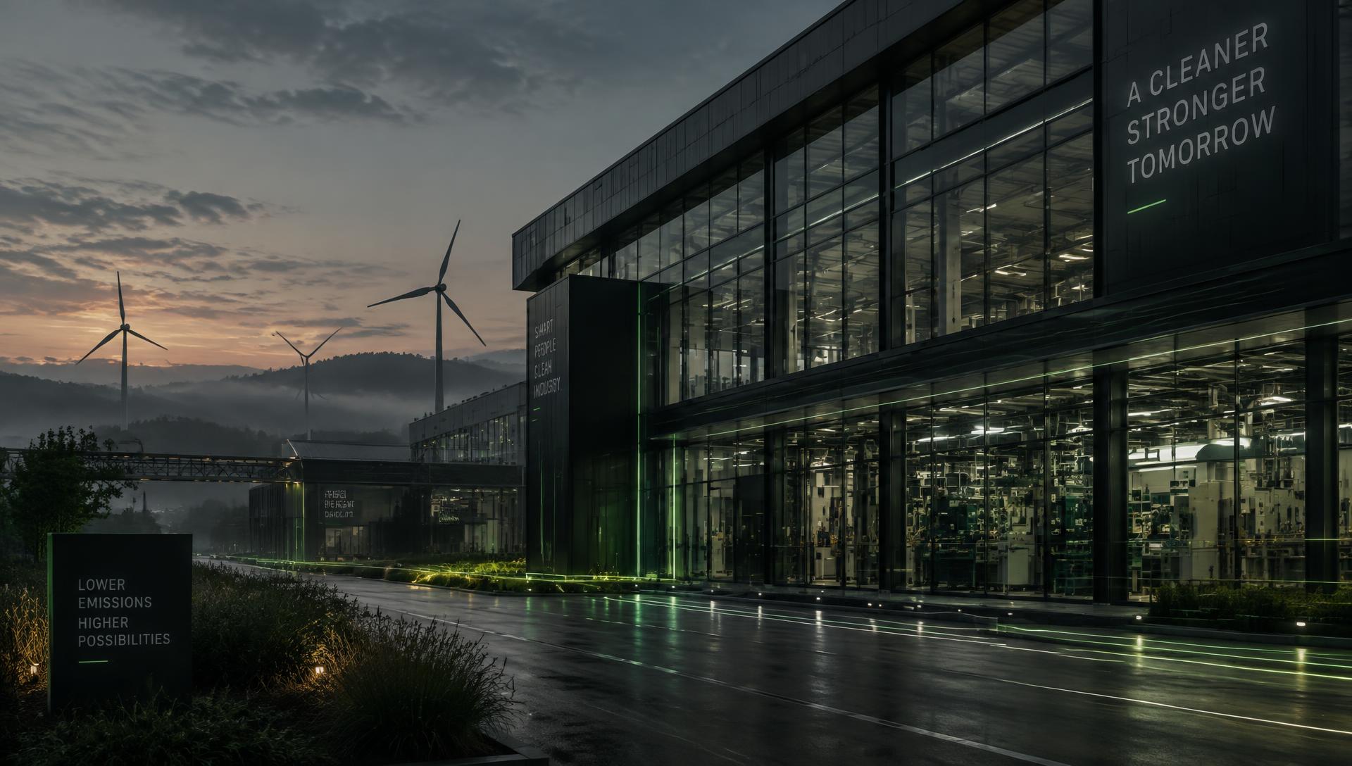 Smart industrial facility at dusk with wind turbines in the distance